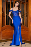 Trendy havfrue av skulderen Royal Blue Corset Prom kjole med Appliques