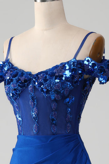 Beaded Royal Blue Corset Prom kjole med Slit