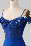 Beaded Royal Blue Corset Prom kjole med Slit