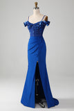 Beaded Royal Blue Corset Prom kjole med Slit