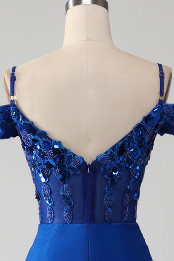 Beaded Royal Blue Corset Prom kjole med Slit