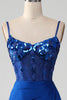 Load image into Gallery viewer, Beaded Royal Blue Corset Prom kjole med Slit