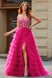 Nydelig A Line Spaghetti stropper Fuchsia Long Prom Kjole med Appliques Ruffles