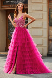 Nydelig A Line Spaghetti stropper Fuchsia Long Prom Kjole med Appliques Ruffles