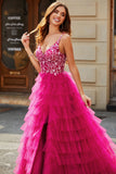 Nydelig A Line Spaghetti stropper Fuchsia Long Prom Kjole med Appliques Ruffles