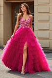 Nydelig A Line Spaghetti stropper Fuchsia Long Prom Kjole med Appliques Ruffles