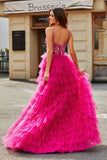 Nydelig A Line Spaghetti stropper Fuchsia Long Prom Kjole med Appliques Ruffles