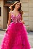 Nydelig A Line Spaghetti stropper Fuchsia Long Prom Kjole med Appliques Ruffles