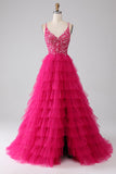 Fuchsia Princess A-Line Spaghetti stropper Sequin Tiered Long Prom Dress med Slit