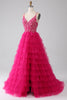 Load image into Gallery viewer, Fuchsia Princess A-Line Spaghetti stropper Sequin Tiered Long Prom Dress med Slit