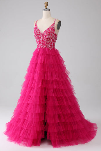 Fuchsia Princess A-Line Spaghetti stropper Sequin Tiered Long Prom Dress med Slit