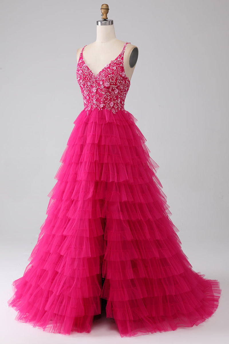 Load image into Gallery viewer, Fuchsia Princess A-Line Spaghetti stropper Sequin Tiered Long Prom Dress med Slit