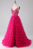 Fuchsia Princess A-Line Spaghetti stropper Sequin Tiered Long Prom Dress med Slit