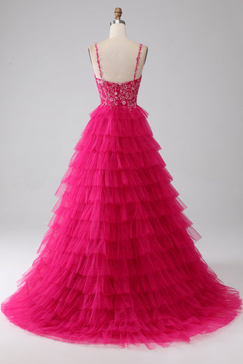Fuchsia Princess A-Line Spaghetti stropper Sequin Tiered Long Prom Dress med Slit