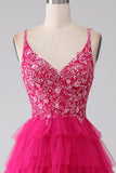 Fuchsia Princess A-Line Spaghetti stropper Sequin Tiered Long Prom Dress med Slit