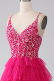 Fuchsia Princess A-Line Spaghetti stropper Sequin Tiered Long Prom Dress med Slit