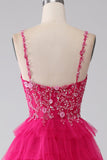 Fuchsia Princess A-Line Spaghetti stropper Sequin Tiered Long Prom Dress med Slit