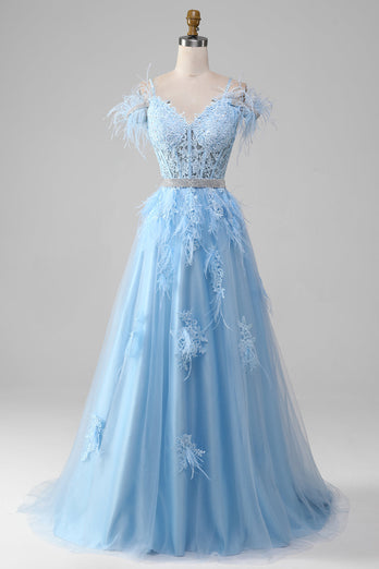 Lyseblå A-linje Rhinestones Aksenter Korsett Prom kjole med applikasjoner