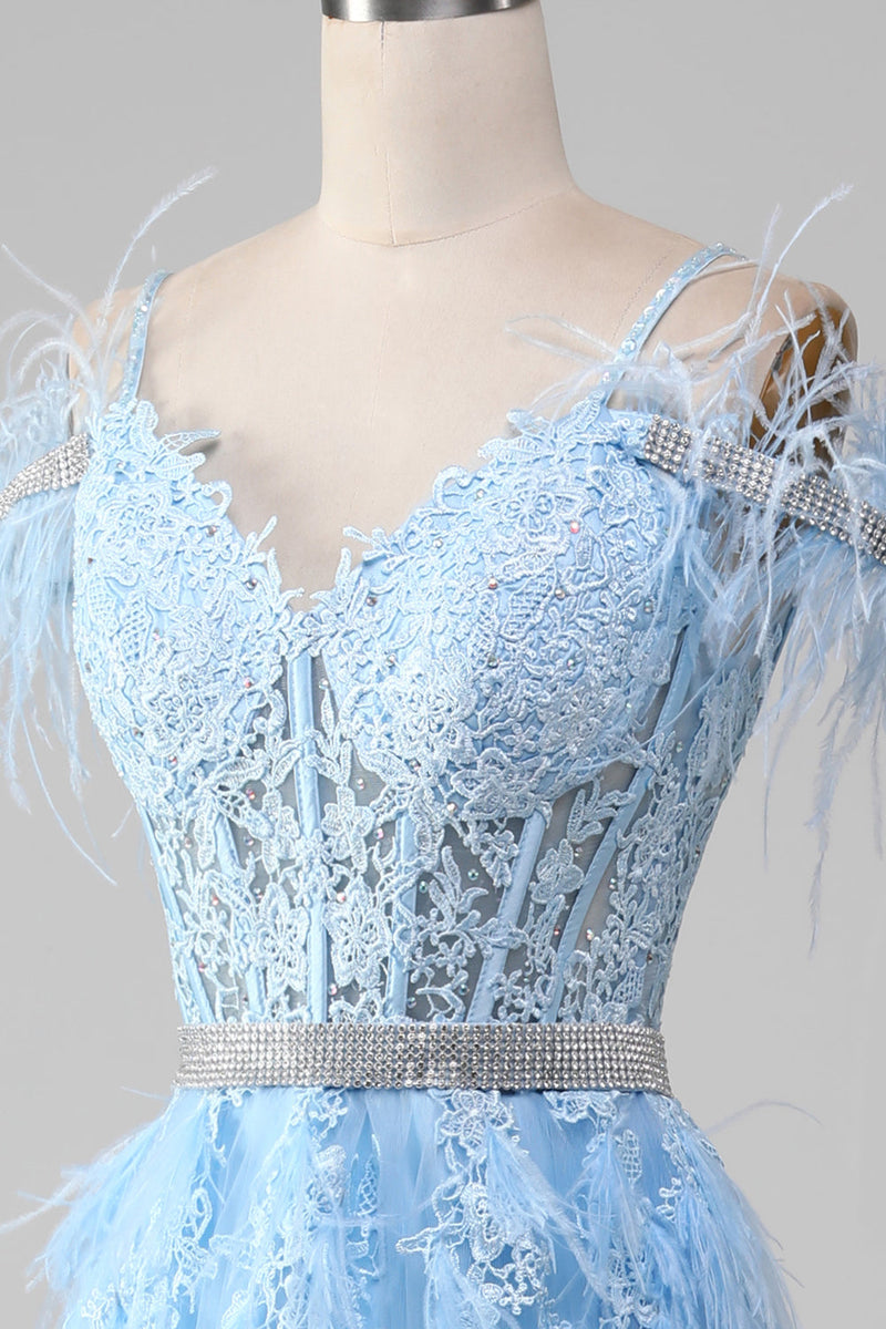 Load image into Gallery viewer, Lyseblå A-linje Rhinestones Aksenter Korsett Prom kjole med applikasjoner