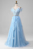 Load image into Gallery viewer, Lyseblå A-linje Rhinestones Aksenter Korsett Prom kjole med applikasjoner