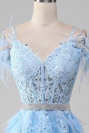 Lyseblå A-linje Rhinestones Aksenter Korsett Prom kjole med applikasjoner