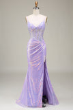 Sparkly Mermaid Light Purple Corset Prom Dress med Slit