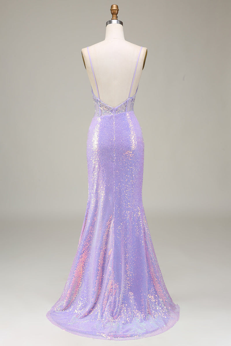 Load image into Gallery viewer, Sparkly Mermaid LighT Purple Corset Prom Dress med Slit