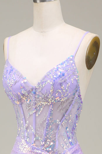 Sparkly Mermaid LighT Purple Corset Prom Dress med Slit
