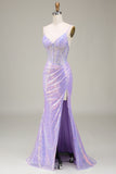 Sparkly Mermaid Light Purple Corset Prom Dress med Slit