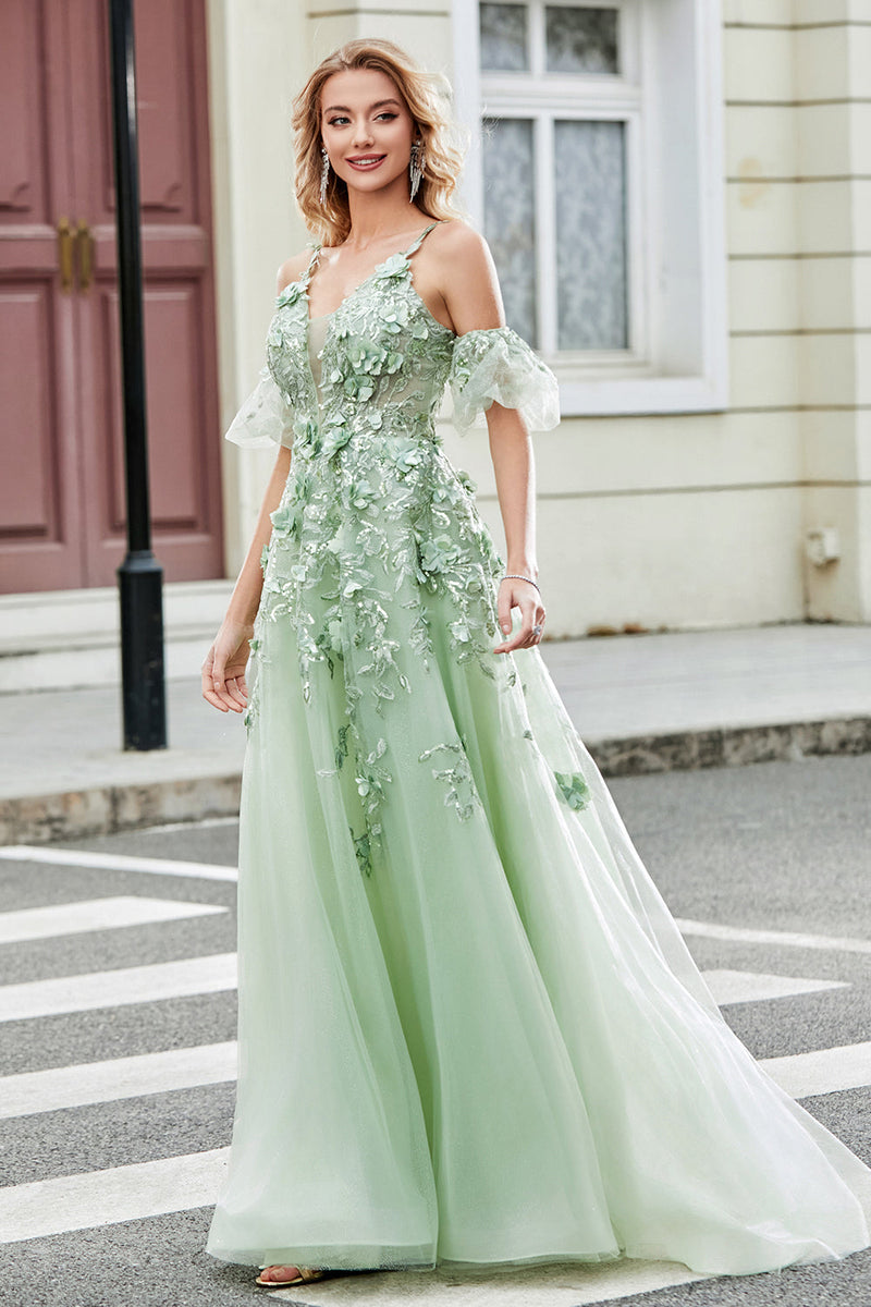 Load image into Gallery viewer, Grønne avtagbare ermer Tylle Prom kjole med applikasjoner