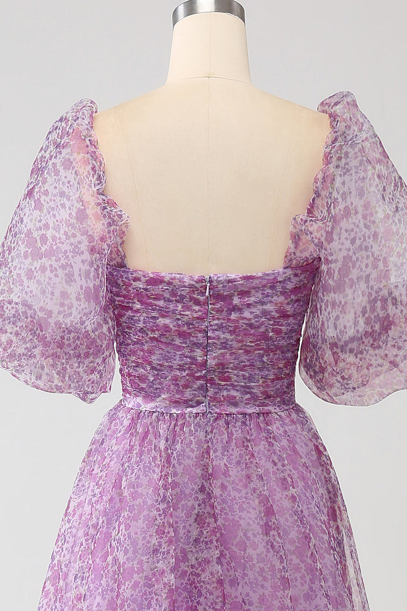 Load image into Gallery viewer, A-Line Square Neck Lilla korsett Prom kjole med halve ermer