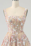 Luksuriøs A Line Square Neck Champagne Corset Prom Kjole med Appliques