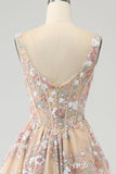 Luksuriøs A Line Square Neck Champagne Corset Prom Kjole med Appliques