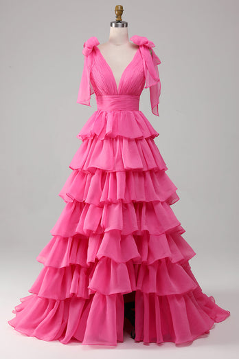 Prinsesse A-Line V-hals Fuchsia Prom kjole med spalt