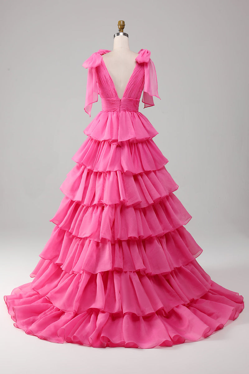 Load image into Gallery viewer, Prinsesse A-Line V-hals Fuchsia Prom kjole med spalt
