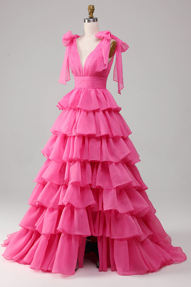 Load image into Gallery viewer, Prinsesse A-Line V-hals Fuchsia Prom kjole med spalt