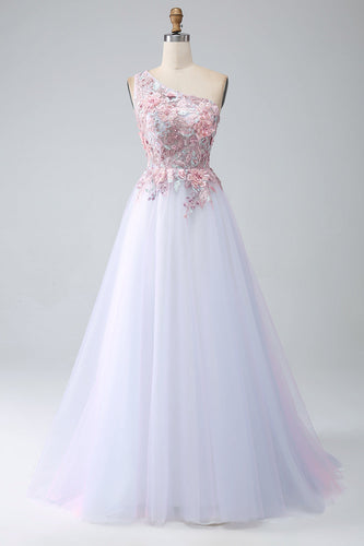 A-Line One Shoulder Pink Prom kjole med Appliques