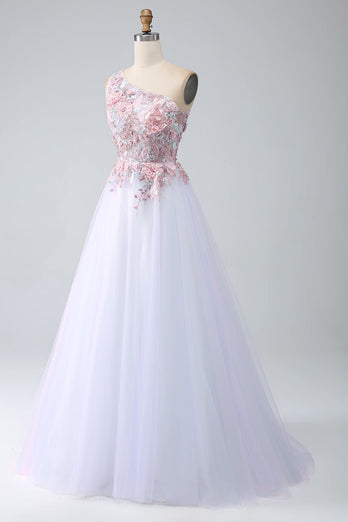 A-Line One Shoulder Pink Prom kjole med Appliques