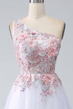 A-Line One Shoulder Pink Prom kjole med Appliques