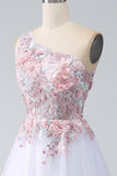 A-Line One Shoulder Pink Prom kjole med Appliques