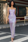 Trendy Sheath Spaghetti stropper Light Purple Long Prom Dress med ryggløs