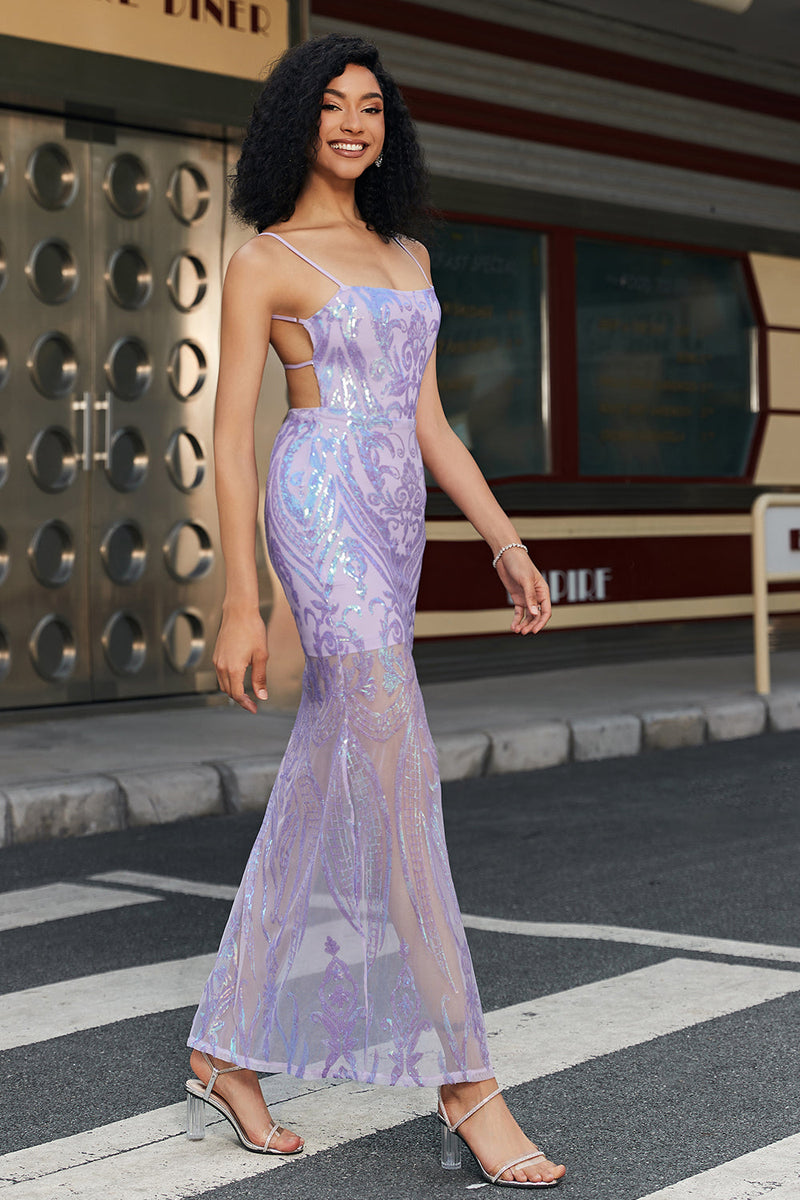 Load image into Gallery viewer, Trendy Sheath Spaghetti stropper Light Purple Long Prom Dress med ryggløs