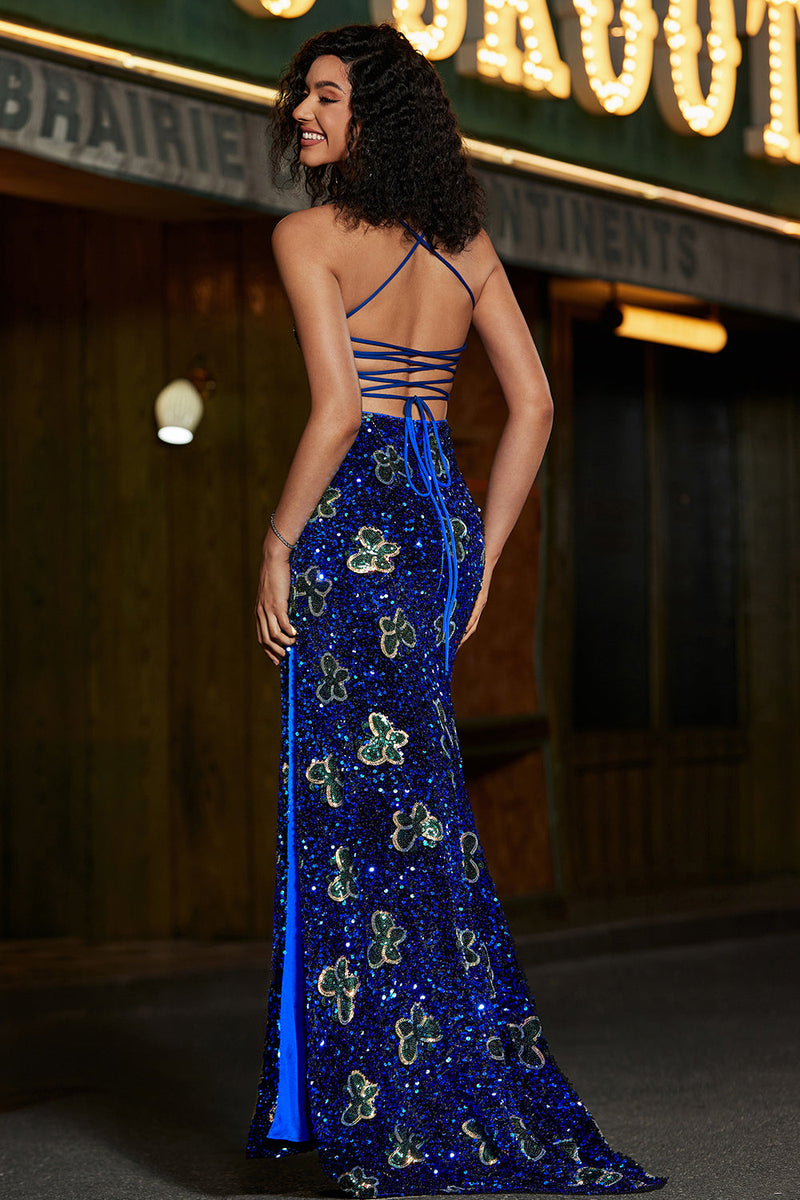 Load image into Gallery viewer, Sparkly Mermaid Spaghetti stropper Royal Blue Sequins Long Prom Dress med Criss Cross Back