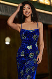 Sparkly Mermaid Spaghetti stropper Royal Blue Sequins Long Prom Dress med Criss Cross Back