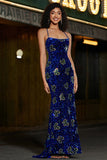 Sparkly Mermaid Spaghetti stropper Royal Blue Sequins Long Prom Dress med Criss Cross Back