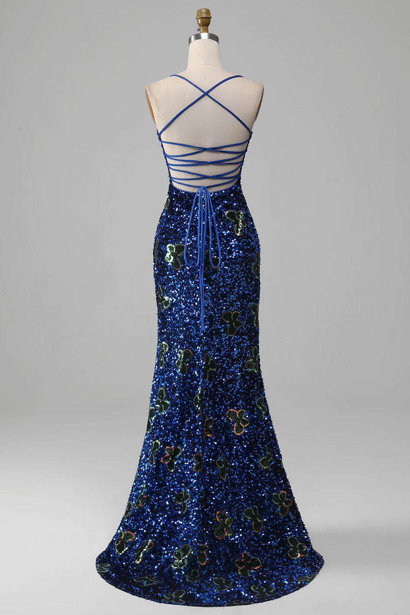 Load image into Gallery viewer, Royal Blue Mermaid Spaghetti stropper paljetter ballkjole med spalt