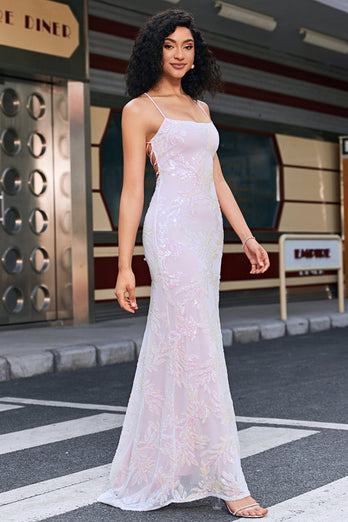 Trendy rosa skjede Spaghetti stropper Split Front Prom kjole med tilbehør