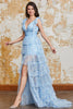 Load image into Gallery viewer, Prinsesse A Line V Neck Blue Long Prom Kjole med Ruffles Slit