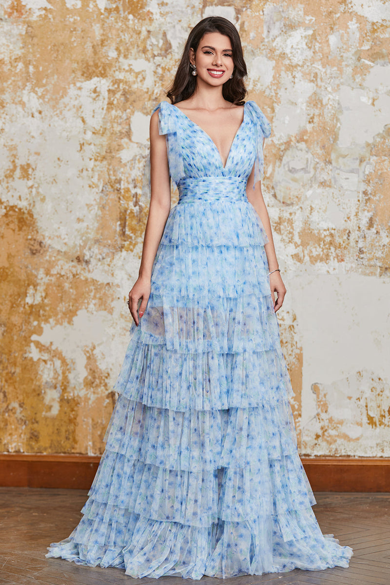 Load image into Gallery viewer, Prinsesse A Line V Neck Blue Long Prom Kjole med Ruffles Slit
