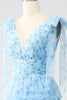 Load image into Gallery viewer, A-Line V-hals lyseblå lagdelt ballkjole